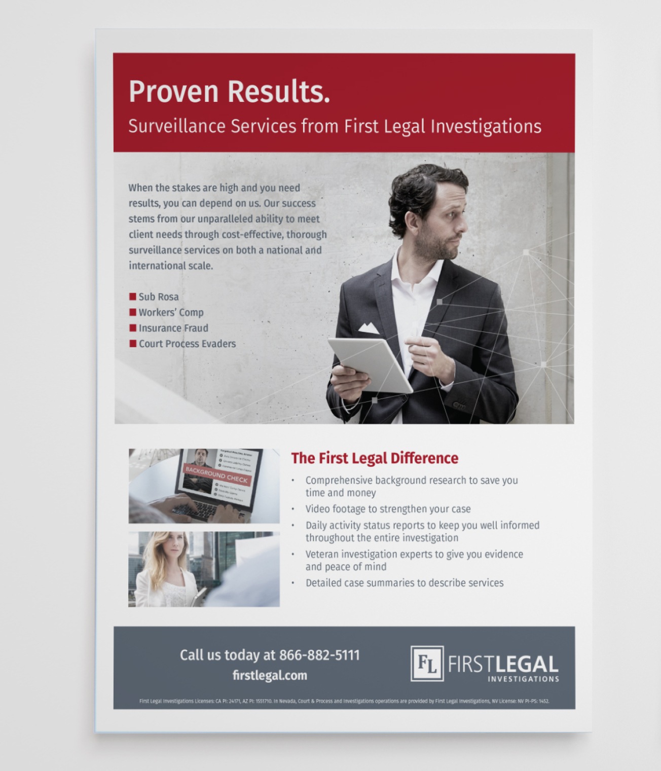 One-sheet flyer. Picture is of a suited lawyer looking at a tablet