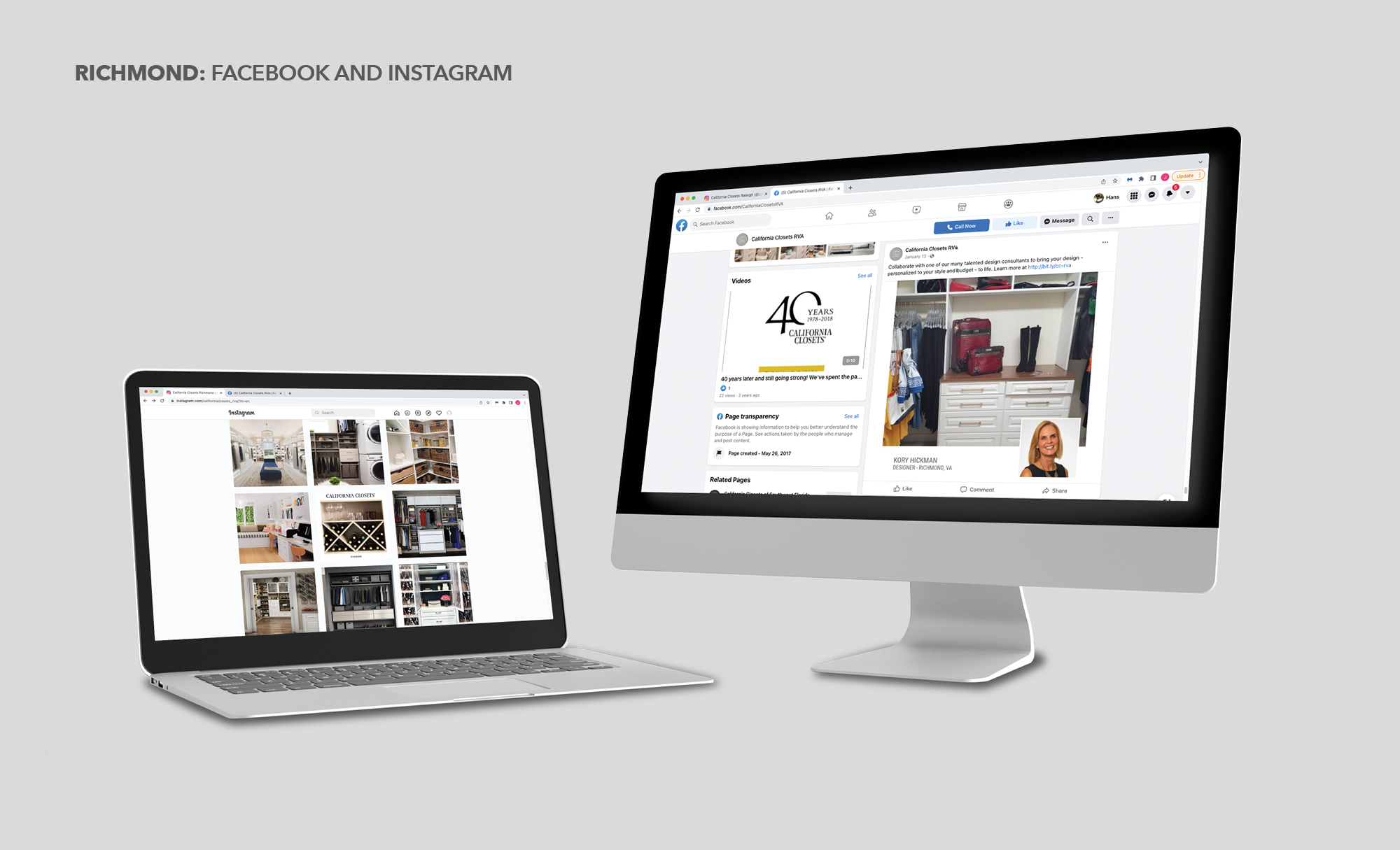 Display of Facebook and Instagram posts for California Closets in Richmond Virginia