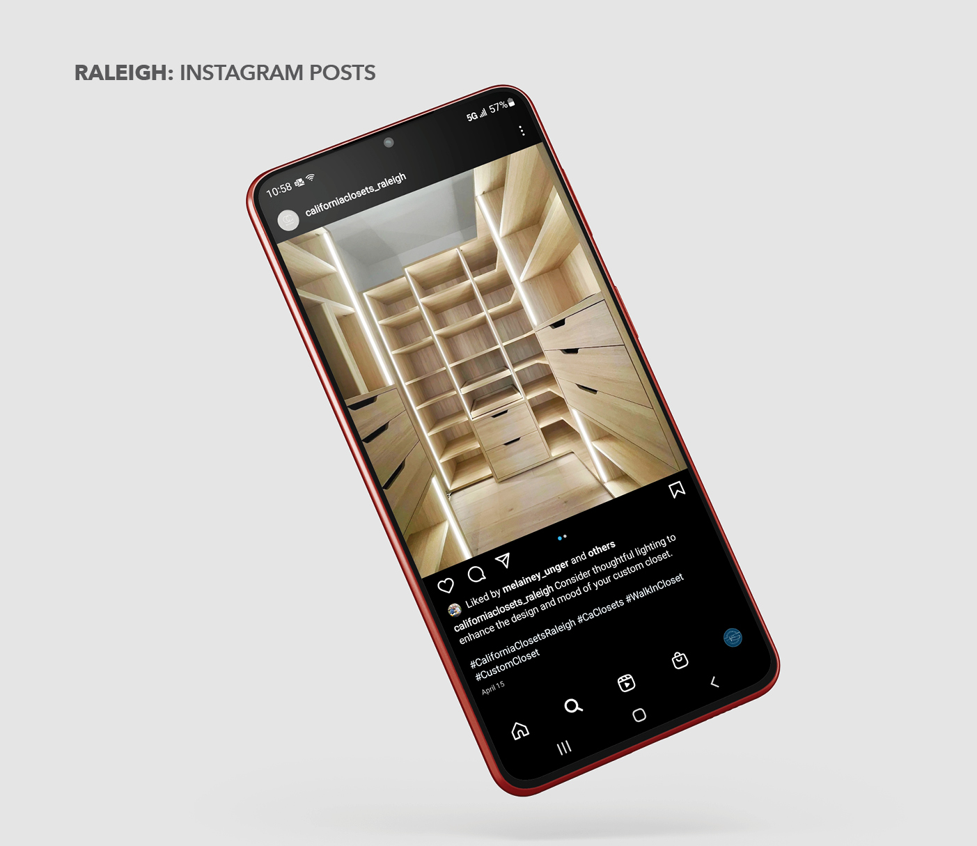 Mobile phone with image of a California Closets Raleigh Instagram post