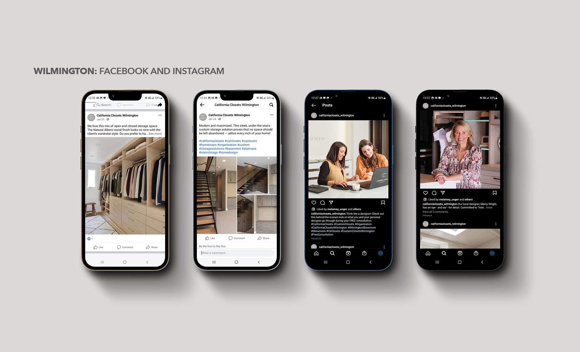 Mobile displays of California Closets Wilmington Facebook and Instagram social posts