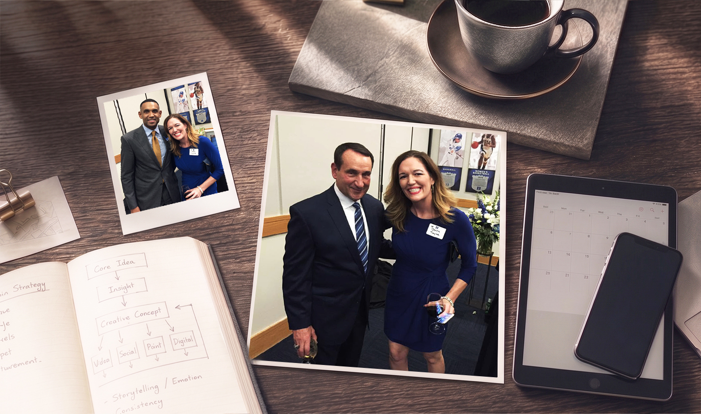 Photos of Jenny Taylor with Mike Krzyzewski and Grant Hill